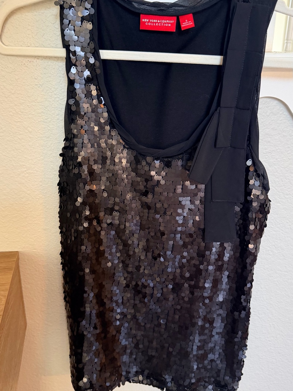 New York & Company Black Sequin Bow-Shoulder Tank
